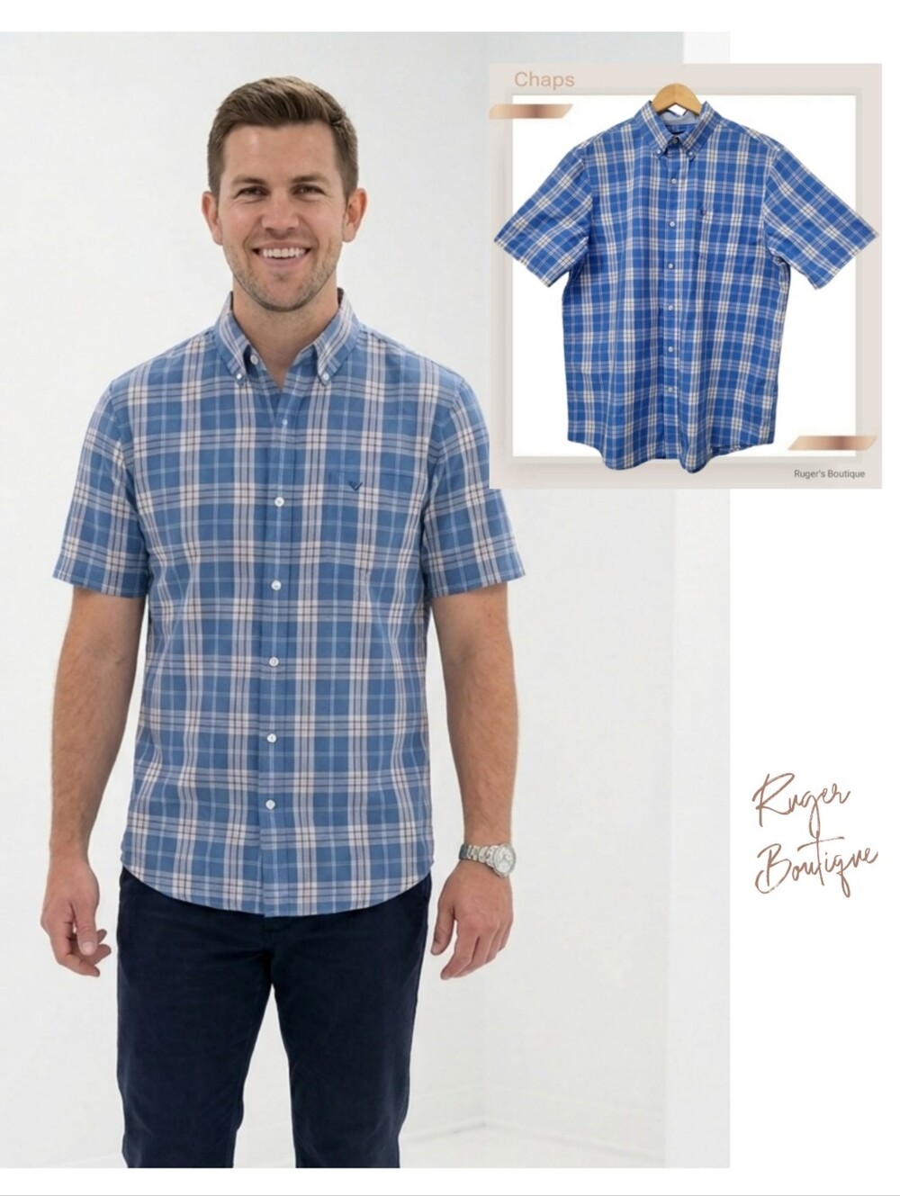 🌿Chaps EasyCare Men's Large Blue White Check Button Down Shirt Shortsleeve
